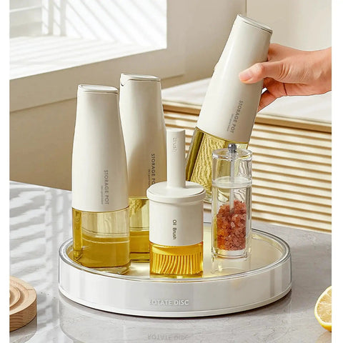 360 Degree Rotating Makeup Organizer with perfume tray and skincare holder on a bathroom countertop, white