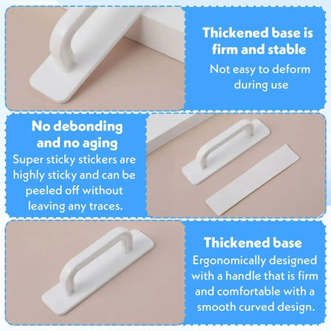 4 Pack Stick On Cabinet Handles Self Adhesive No Drill Door Pulls displayed with thickened base and strong bonding adhesive