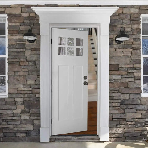 Front view of secure exterior door entry with a durable knob and deadbolt, keyed alike for easy access, coastal matte black finish.