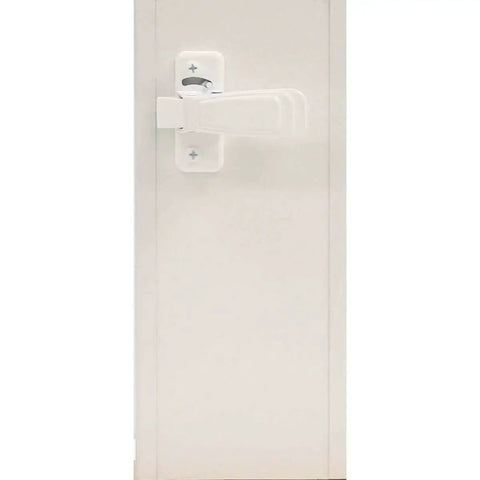 White Push Button Heavy Duty Storm Door Latch With Keyed Lock Set installed on a door, stylish security upgrade for exterior doors.