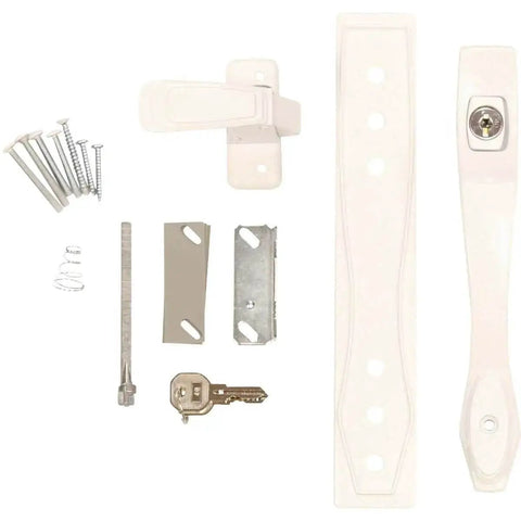 White Push Button Heavy Duty Storm Door Latch With Keyed Lock Set, replacement latch handle for 1-3/4 inch center mount holes