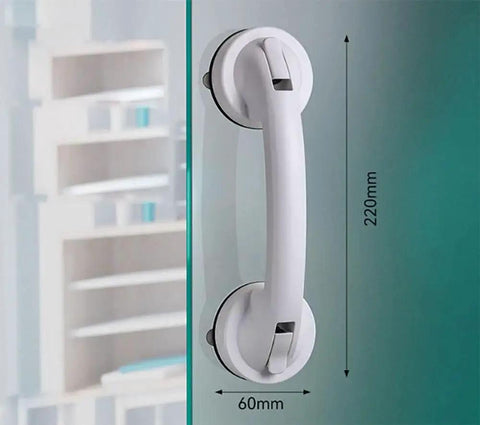 White suction cup handle on glass shower door, dimensions indicated, ideal for bathroom kitchen use with stable adsorption on tiles glass.