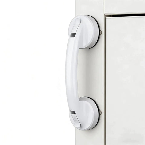 White Suction Cup Handle For Bathroom Kitchen Shower Doors Sliding Glass Cabinets And Drawers installed on smooth panel surface