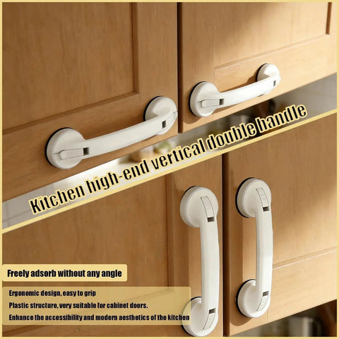 White Strong Suction Cup Handle No Drilling Installation for Cabinets, tool-free, removable, durable vacuum seal on wooden cabinets