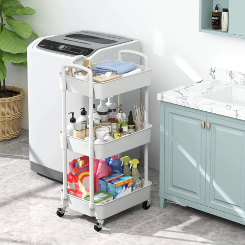 Three Tier Rolling Utility Cart With Handle For Office Kitchen And Living Room Grab And Go Moveable Storage Trolley On Wheels White Heavy Duty Plastic And Iron Frame Lockable Wheels Easy To Move And Organize next to washing machine