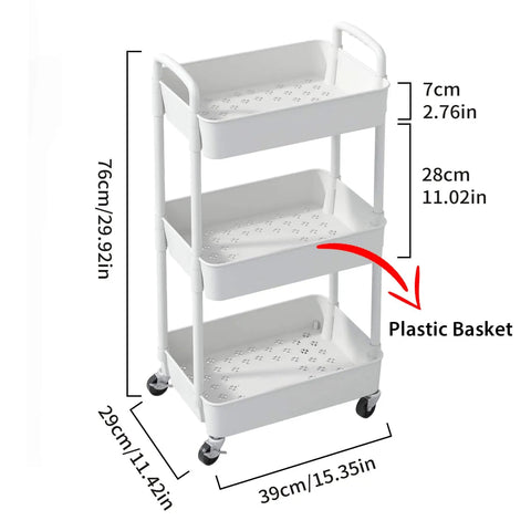 Three Tier Rolling Utility Cart With Handle For Office Kitchen And Living Room Grab And Go Moveable Storage Trolley On Wheels