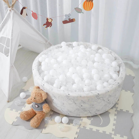 Ball Pit Balls Phthalate Free BPA Free Non-Toxic Crush Proof Play Balls for Toddlers Kids Pool Playhouse (100 Balls-White/Transparent) in a playroom with a tent