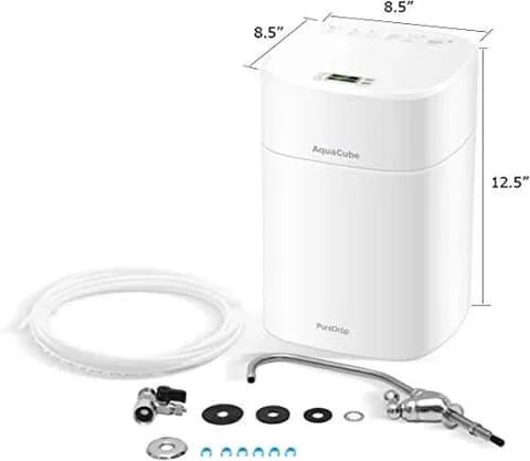 Tankless 0.01 Micron Ultra Filtration Under Sink Water Filter System Four Stage High Capacity for Sink and RV with components and dimensions