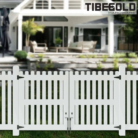 White vinyl fence with 12 Inch Heavy Duty Cane Bolt Gate Drop Rod For Wood, PVC, Vinyl, And Metal Fences And Gates, black finish.