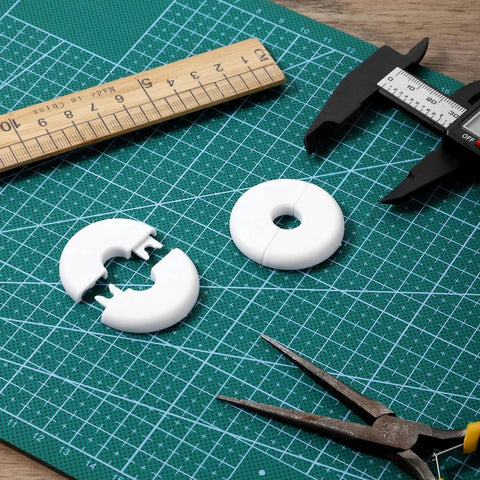2 Pack Wall Grommets For Cables Pass Through Anti Slip Hole Covers For Walls And Furniture White on cutting mat with tools