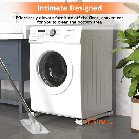 Washing machine on Furniture Washing Machine Dolly, Extendable Appliance Rollers, showing elevated position with mop nearby