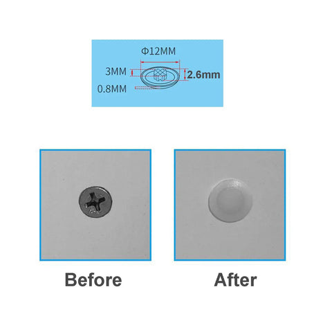 Diagram and before-after image of 50 Pieces Waterproof Plastic Self Tapping Caps White For Phillips Screw Heads Ideal For Cabinet Bookcase And Shoe Cabinet Hardware Protection Anti Corrosion Plus Long Lasting Utility.