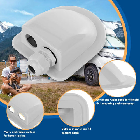 IP68 Waterproof Solar Cable Entry Gland with dual cable entry housing installed on RV, heavy duty ABS, UV/fire/weather resistant.