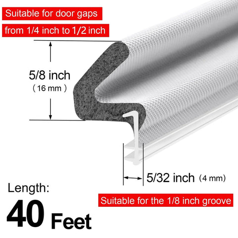 40FT Extra Long Kerf Weather Stripping Door Seal for Large Gaps and Easy Installation (White), dimensions indicated on chart
