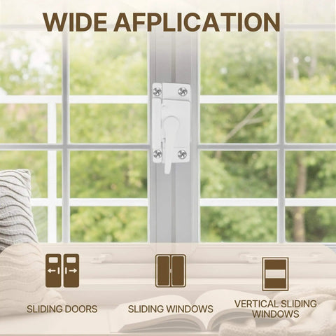 Durable White Cam Window Locks Set For Single And Double Hung Windows shown installed on a vertical sliding window