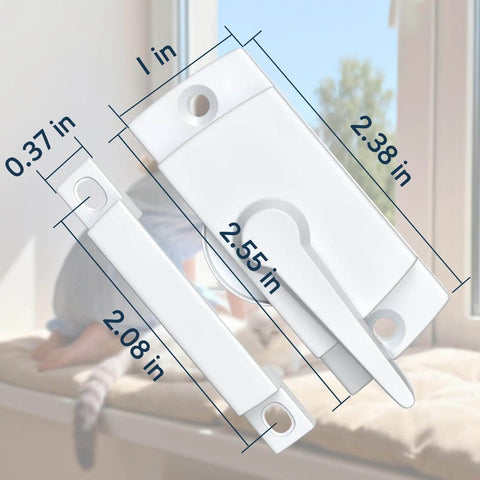 White Sliding Window Sash Locks 2 Pack Cam Action Sash Lock For Double Hung Windows showing dimensions and design.