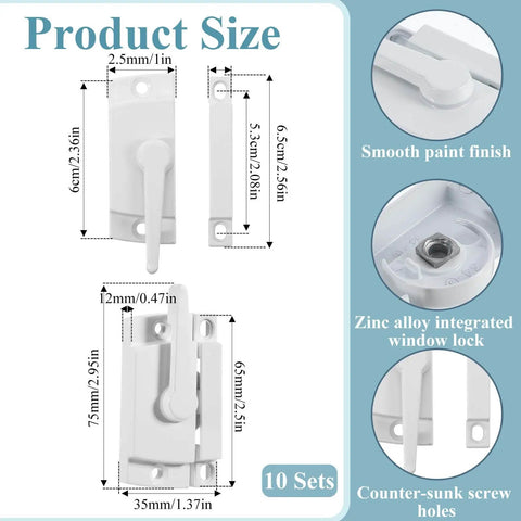 Diagram showing ten-pack diecast window sash locks with cam action, dimensions, zinc alloy material, and installation details.