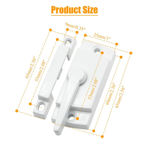 2 Pack Cam Action Window Sash Locks For Double Hung Windows White Sash Locks With Center Hole Spacing Rust Resistant Zinc Alloy Construction Ideal For Vertical And Horizontal Sliding Windows, size dimensions shown
