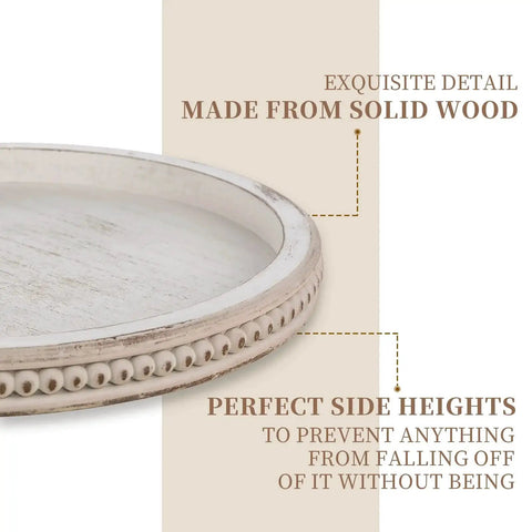 Close-up of Round White Beaded Wood Lazy Susan Turntable For Kitchen Counter And Tabletop Decor 12 Inch with solid wood detail and side heights