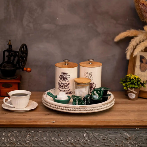 Round White Beaded Wood Lazy Susan Turntable For Kitchen Counter And Tabletop Decor 12 Inch Spinning Tray For Spices Condiments