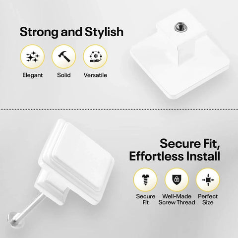 White Cabinet Knobs Set, 10 Pack Zinc Alloy Drawer Knobs, close-up of square white knob with secure fit and screw thread detail