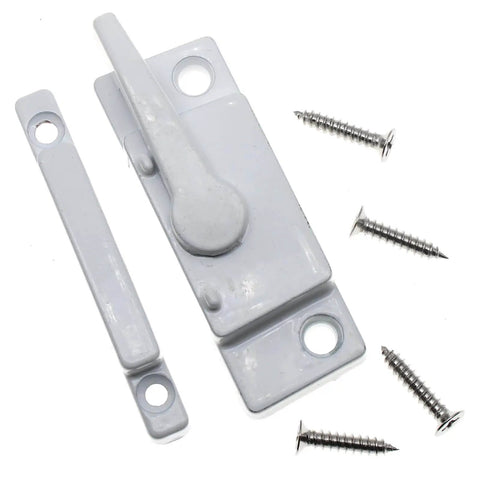 White 2 Pack Sliding Window Sash Locks Zinc Alloy Latch For Double Hung Windows Vertical And Horizontal Sliding With Cam Action Hook Anti Jimmy Keeper Compression Durable Wear Resistant Window Hardware shown with screws.