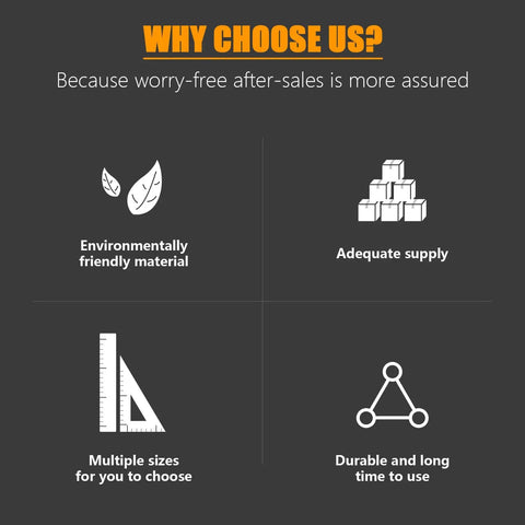Infographic highlighting benefits: environmentally friendly material, adequate supply, multiple sizes, durable and long-lasting