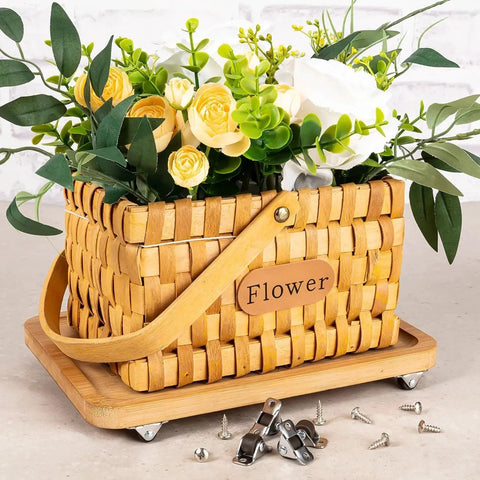 Wicker basket with flowers on 0.5 Inch Mini Caster Wheels Set With Metal Plate Self Adhesive Low Profile Casters, screws visible.