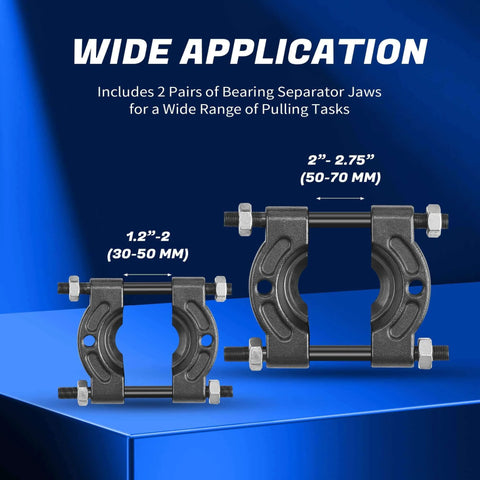 14 pcs bearing puller and splitter kit 5 ton with 2 and 3 inch separator jaws showcasing wide application, two separator sizes shown.