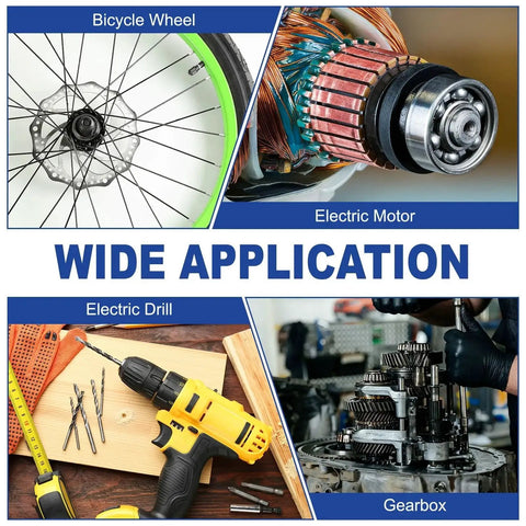 Collage of bicycle wheel, electric motor, electric drill, and gearbox labeled 'Wide Application' showcasing diverse machinery uses.