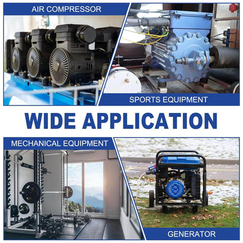 Image showcasing applications of efficient M3 rubber isolator mounts for air compressors, sports equipment, mechanical equipment, and generators.