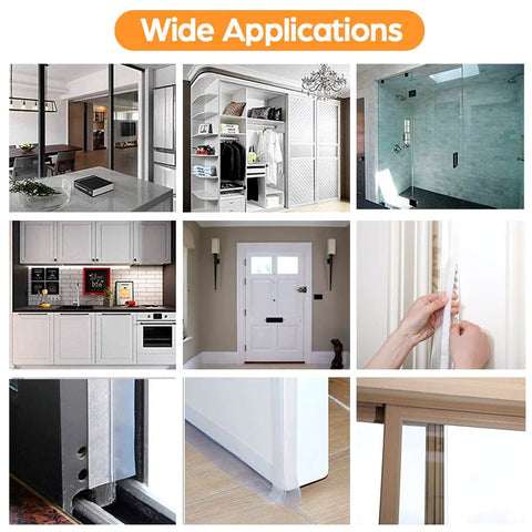 Must Have 33.5 Ft Weather Stripping Door Seal Kit For Draft Blocking Self Adhesive Silicone Tape Shower Door Bottom Seal Window And Frame Insulation Gap Filler For Glass Panels Transparent 25mm And 35mm Widths applications in various settings including kitchen, door, and shower.