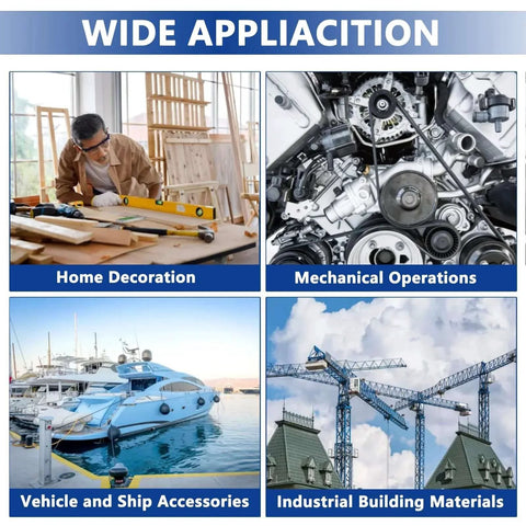 Image showcasing various applications: home decoration, mechanical operations, vehicle accessories, and industrial building materials.