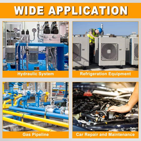 Wide application of Two Pack One Quarter Inch Hydraulic Hose Field Repair Kit with reuse options for hydraulic, refrigeration, gas, and car systems.