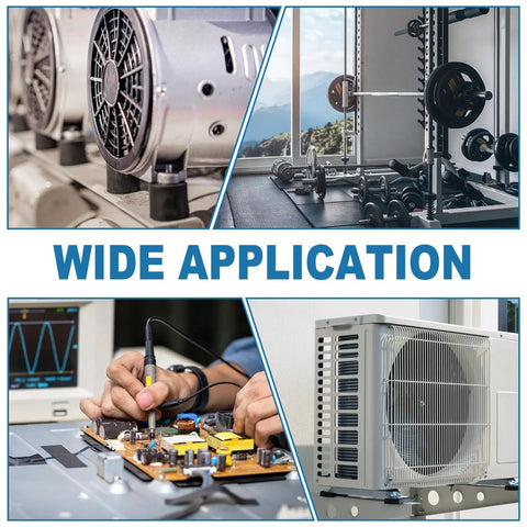 Collage showing diverse applications: industrial fans, gym equipment, electronic assembly, and outdoor HVAC unit.