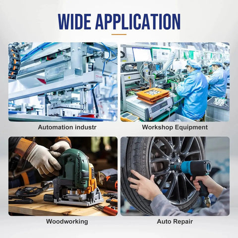 Collage showcasing automation, workshop equipment, woodworking, and auto repair applications in different environments.