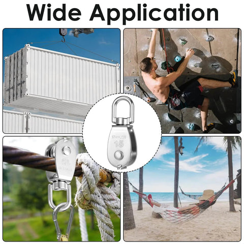 12 Pack M15 Pulleys for Rope, 304 Stainless Steel Wire Rope Cable Pulley, shown in various applications including lifting and outdoor use.