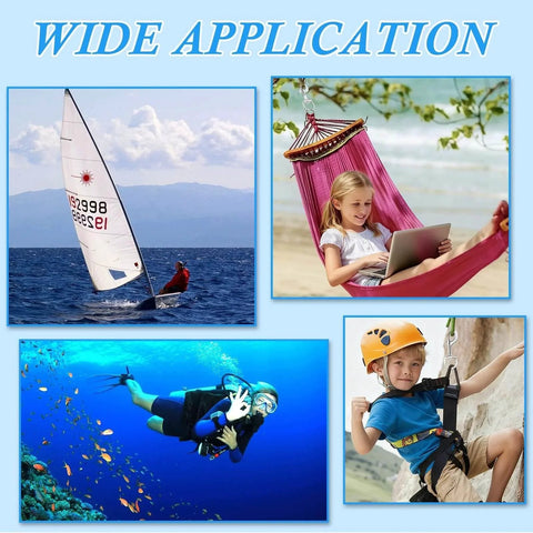 Collage showing applications: sailing, child in hammock, scuba diving, child rock climbing, all using 3.5 Inch Swivel Eye Bolt Snap Hooks.