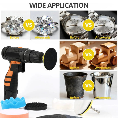 3 Inch Polishing Kit With Hook And Loop Sanding Discs 12 Grits 80 To 10000 shown in various applications, including jewelry and woodworking.