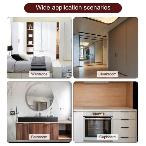 Wide application scenarios for 5 Pack 31.5 Inch Cabinet Edge Finger Pulls in wardrobe, cloakroom, bathroom, and cupboard