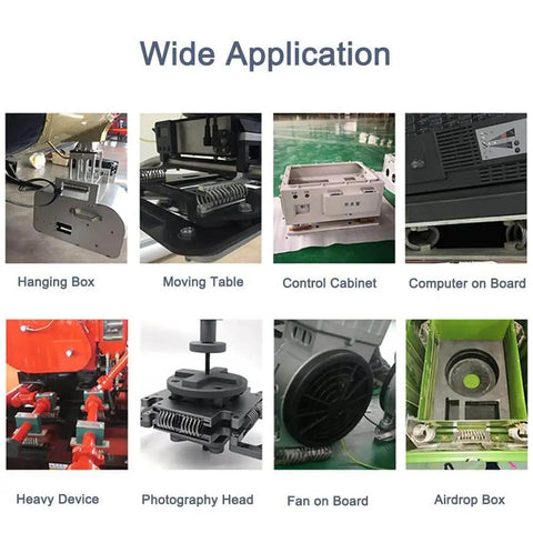 10 Loop Wire Rope Isolator Made From 304 Stainless Steel Anti Vibration Mount Shock Absorber Damper For Industrial And Commercial Use With Versatile Mounting Options Crimp Patterns And High Performance Vibration Damping For Beefed Up Heavy Duty Equipment shown in various applications including hanging box, moving table, and control cabinet.