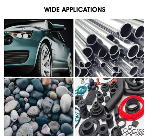 Collage showing car, metal tubes, pebbles, and rubber components illustrating wide applications of materials.