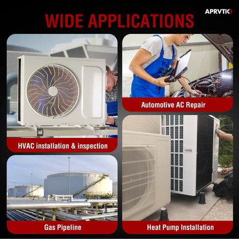 HVAC leak detector ALD-200 PRO Aprvtio, 4 scenes: condenser unit, automotive AC repair, gas pipeline, heat pump.
