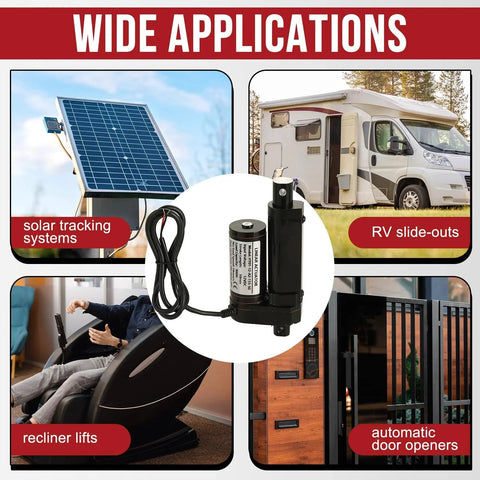 Heavy Duty 12V Linear Actuator With 2 Inch Stroke and 202 Lb Load, shown with applications in solar trackers, RVs, recliners, doors