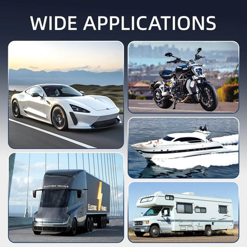 Image showing applications of All In One Car Fuse Set with cars, motorcycle, boat, truck, and RV, highlighting diverse uses.