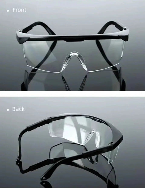 Front and back view of 2 Pack Wide Frame Safety Glasses Goggles Anti Fog UV Resistant Over Glasses on reflective surface.