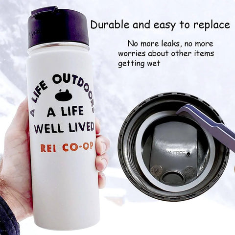 6 Pack Water Bottle Gasket Replacements For Wide Mouth Flip Lids next to a water bottle, showing silicone O rings and seals.