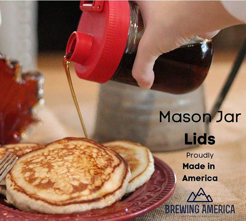Wide Mouth Plastic Jar Lids Four Pack USA Made Flip Cap Screw Top Pour Spout over pancakes for Kerr and Ball jars.
