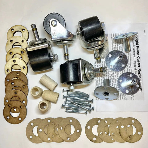 Wide Poly Wheel Piano Caster Kit Set For Upright Pianos with mounting sockets, shims, bushings, installation hardware, zinc plated