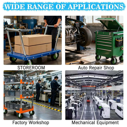 10 inch heavy duty pneumatic caster wheels set of 4 with rubber knobby tread shown in various settings including storeroom and workshop.